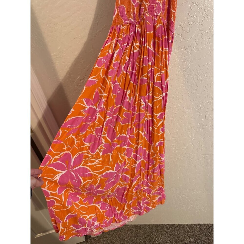 Y Japna Rayon Orange & Pink Beachy Crinkle Floral Print Feminine Spring Dress - Picture 2 of 9